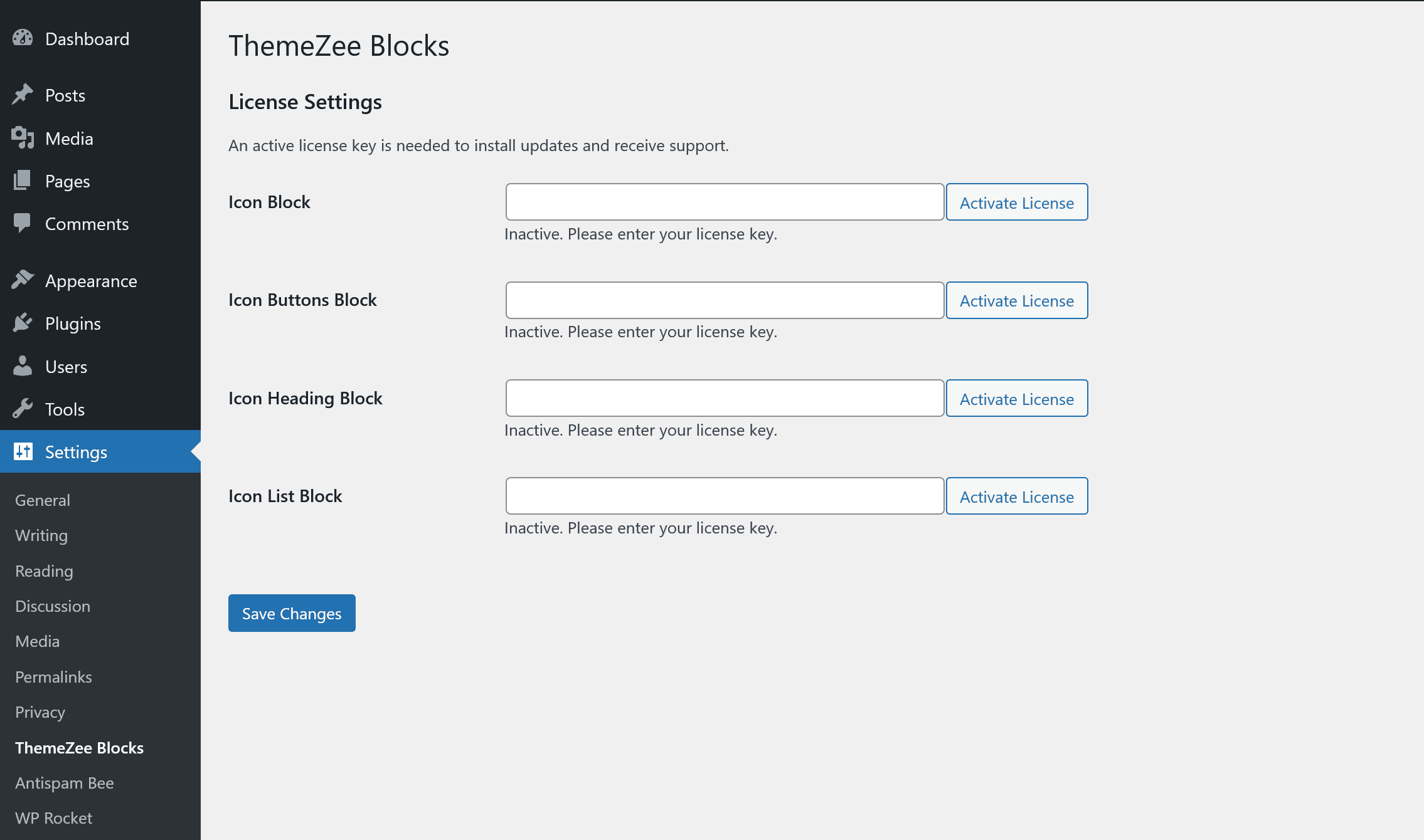 ThemeZee Blocks License Settings