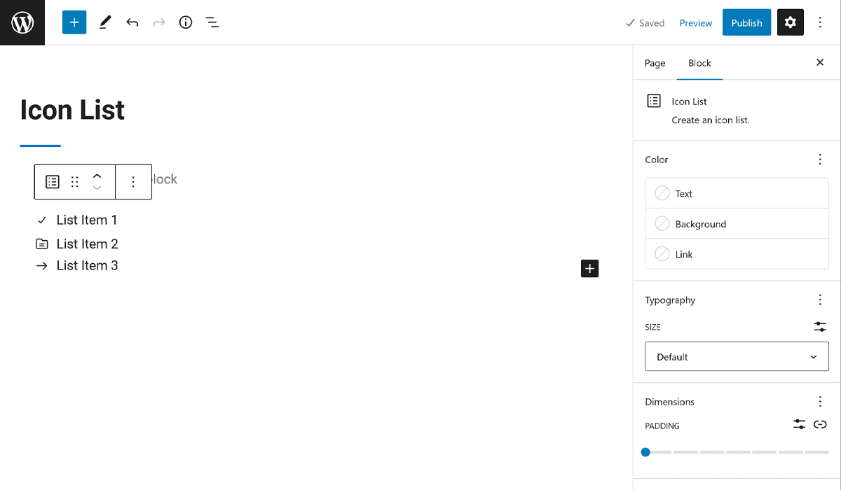 Icon List Block in editor view