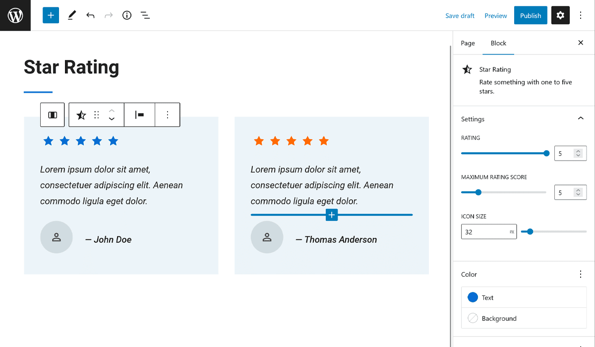 Star Rating block in Testimonials pattern